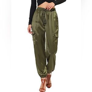 Allegra K Olive Satin Jogger Cargo Trousers